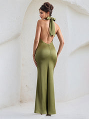 Green Satin Cross Over Halter Neck Open Back Floor Length Formal Party Dress