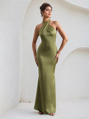 Green Satin Cross Over Halter Neck Open Back Floor Length Formal Party Dress