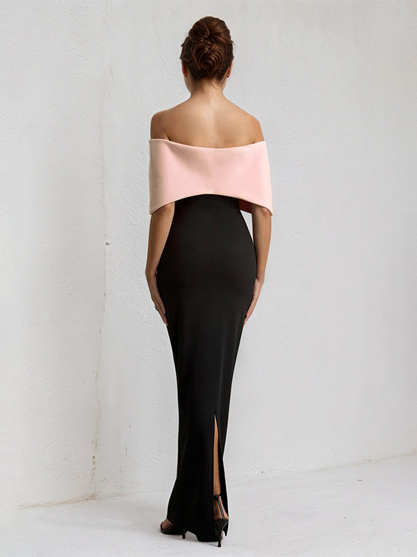 Pink&Black Chiffon Off the Shoulder Ankle Length Formal Party Dress with Oversized Bow