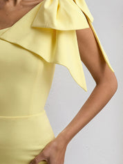 Yellow Chiffon One Shoulder Tea Length  Dress with Bow