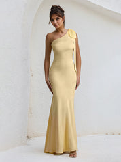 Yellow Satin One Shoulder Floor Length Formal Party Dress with Bow