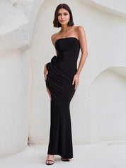 Black Chiffon Off the Shoulder Floor Length High Slit Dress with Flowers