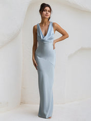 Blue Satin Cowl Neck Floor Length Sleeveless Sheath Dress