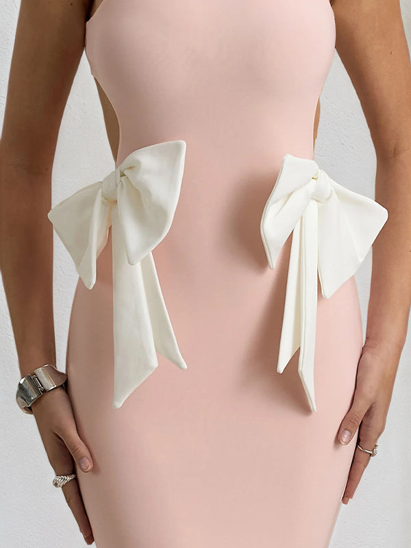 Pink Chiffon Cut Out Open back Floor Length Formal Party Dress with Bows