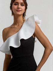 Black&White One Shoulder Floor Length Ruffled Formal Party Dress