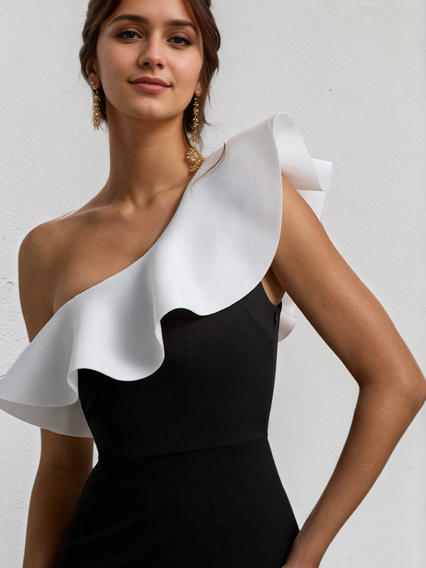 Black&White One Shoulder Floor Length Ruffled Formal Party Dress