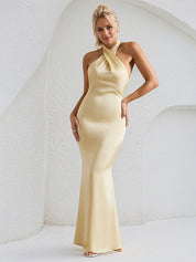 Champagne Satin Cross Over Halter Neck Open Back Floor Length Formal Party Dress