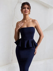 Navy Chiffon Strapless Sleeveless Tea Length Dress with Peplum Detail