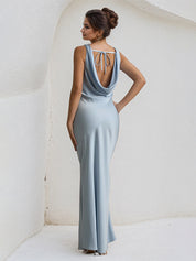 Blue Satin Cowl Neck Floor Length Sleeveless Sheath Dress