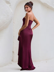 Wine Red Satin Off the Shoulder Sleeveless Ruffles Dress with High Slit
