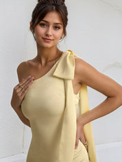 Yellow Satin One Shoulder Floor Length Formal Party Dress with Bow