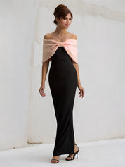 Pink&Black Chiffon Off the Shoulder Ankle Length Formal Party Dress with Oversized Bow