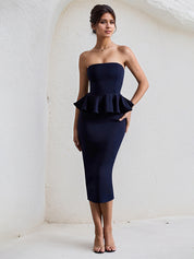 Navy Chiffon Strapless Sleeveless Tea Length Dress with Peplum Detail