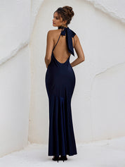 Navy Satin Halter Neck Open Back Floor Length Formal Party Dress with Bow