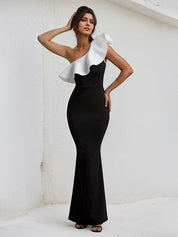 Black&White One Shoulder Floor Length Ruffled Formal Party Dress