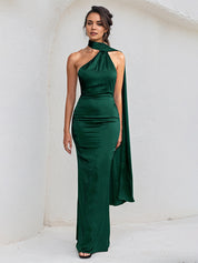Green Satin Halter Neck Sleeveless Open Back Floor Length Dress