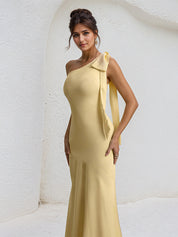 Yellow Satin One Shoulder Floor Length Formal Party Dress with Bow