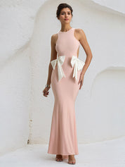 Pink Chiffon Cut Out Open back Floor Length Formal Party Dress with Bows