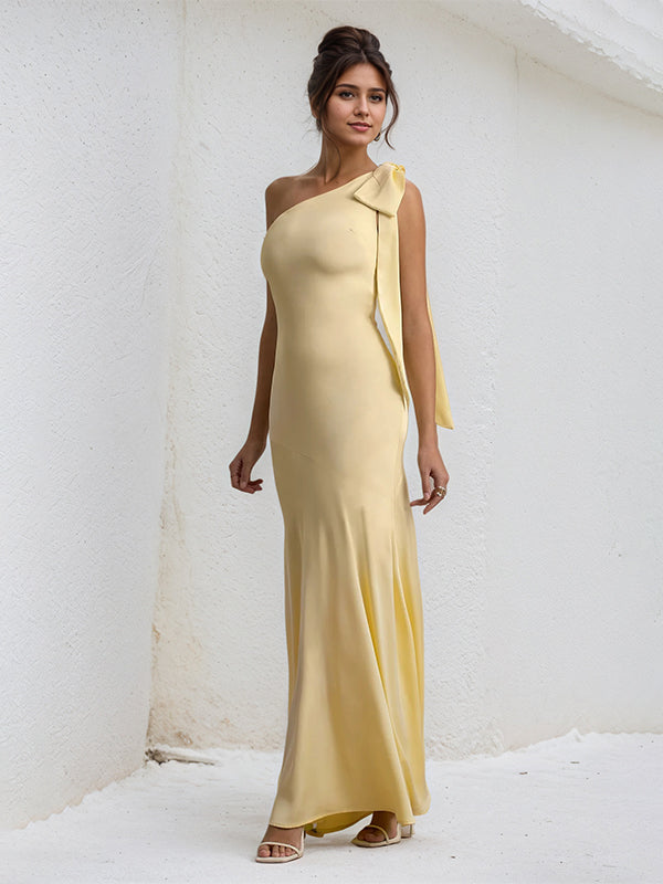 Yellow Satin One Shoulder Floor Length Formal Party Dress with Bow