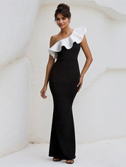Black&White One Shoulder Floor Length Ruffled Formal Party Dress