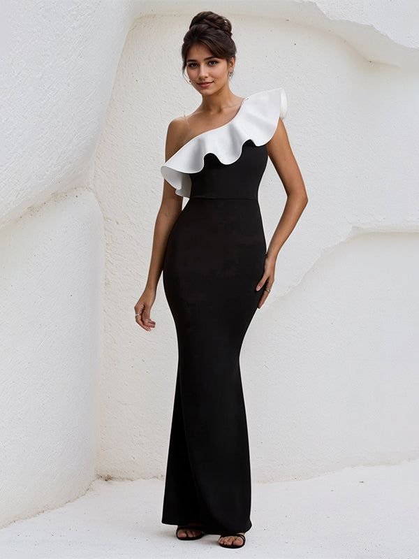Black&White One Shoulder Floor Length Ruffled Formal Party Dress