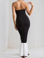 Black Stretch Crepe Off the Shoulder Asymmetrical Length Dress with Ruffled Slit