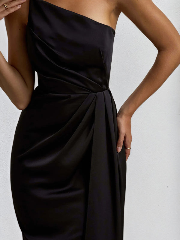 Black Stretch Crepe Off the Shoulder Sleeveless Asymmetrical Length Dress with Slit