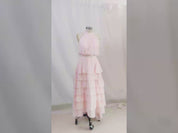 A Line Pink Chiffon Halter Neck Sleeveless Ankle Length Dress With Cascading Ruffles