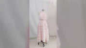 A Line Pink Chiffon Halter Neck Sleeveless Ankle Length Dress With Cascading Ruffles