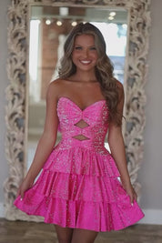 A Line Strapless Sweetheart Satin Homecoming Dress with Keyhole