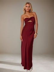 Wine Red Satin Sweetheart Neckline Sleeveless Open Back Ankle Length Sheath Dress