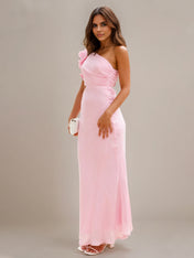 Soft Pink Chiffon Sheath/Column One Shoulder Ankle Length Bridesmaid Dresses