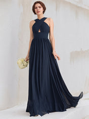 Dark Navy A-Line V-Neck Floor Length Chiffon Bridesmaid Dress With Ruffle