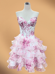 Pink Flower A-Line Strapless Tiered Tulle Sweetheart Homecoming Dress