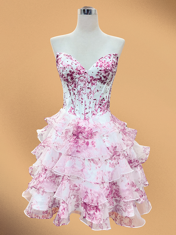 Pink Flower A-Line Strapless Tiered Tulle Sweetheart Homecoming Dress