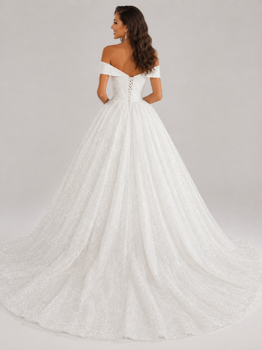 Elegant Off-the-Shoulder Sparkling Glitter Tulle A-Line Wedding Dress with Corset Back and Chapel Train