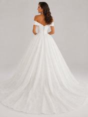 Elegant Off-the-Shoulder Sparkling Glitter Tulle A-Line Wedding Dress with Corset Back and Chapel Train