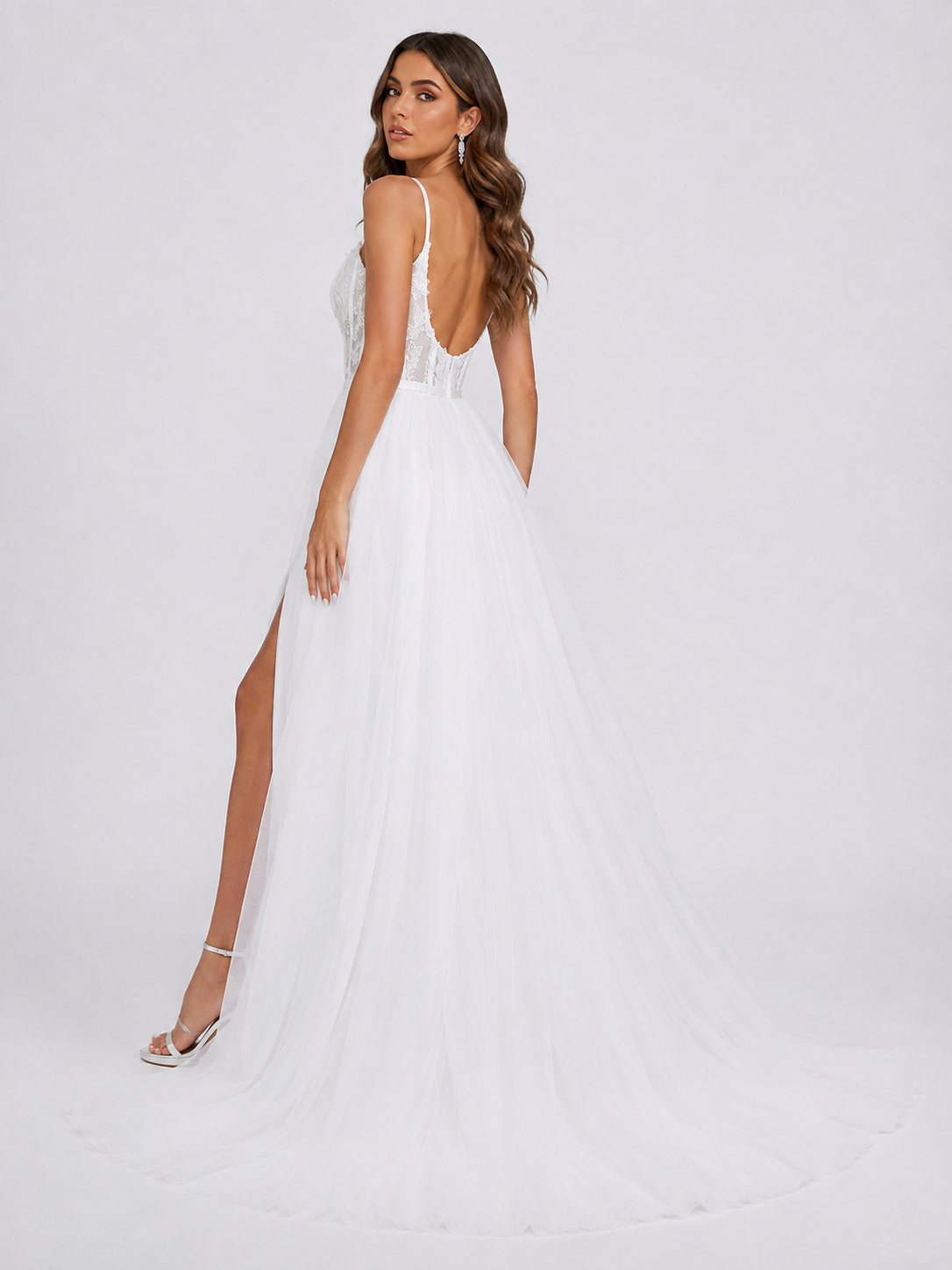 Elegant Spaghetti Strap Corset Tulle A-Line Wedding Dress with High Slit and Sweep Train