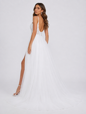 Elegant Spaghetti Strap Corset Tulle A-Line Wedding Dress with High Slit and Sweep Train
