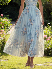 Light Blue Imitation Pearls Floral V Neck A-Line Maxi Chiffon Dress