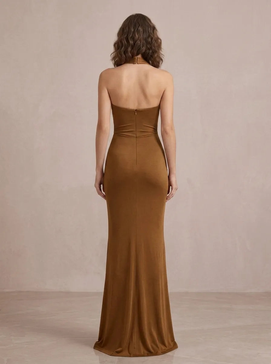 Caramel Brown Halter Ruched Evening Dress with Cascading Ruffle Trim