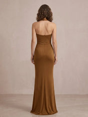 Caramel Brown Halter Ruched Evening Dress with Cascading Ruffle Trim