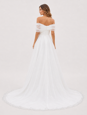 Elegant Off-the-Shoulder Ruched Tulle A-Line Wedding Dress with Chapel Train