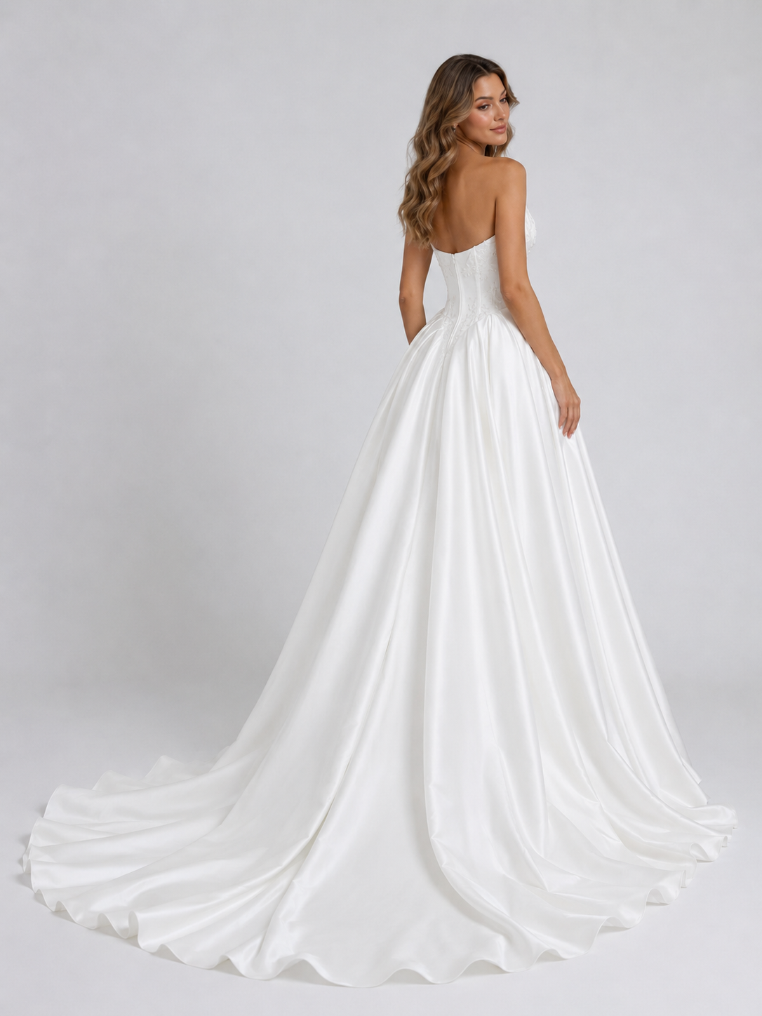 Elegant Strapless Corset Satin A-Line Wedding Dress with Chapel Train
