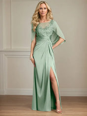 Sheath/Column Satin Scoop Neck Cap Sleeves Floor Length Mother Of The Bride Dresses