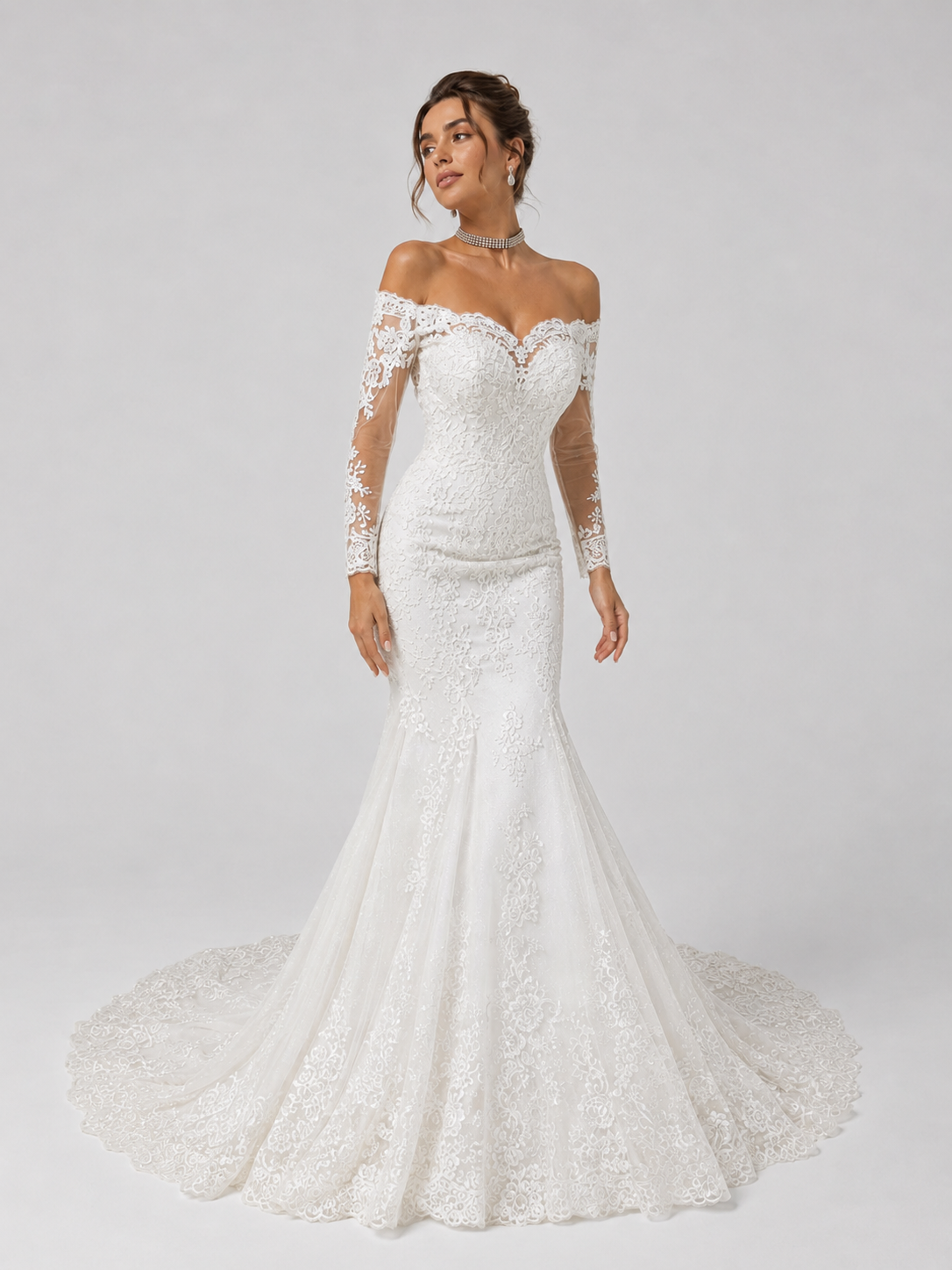 Elegant Off-the-Shoulder Long-Sleeve Lace Mermaid Wedding Dress with Chapel Train