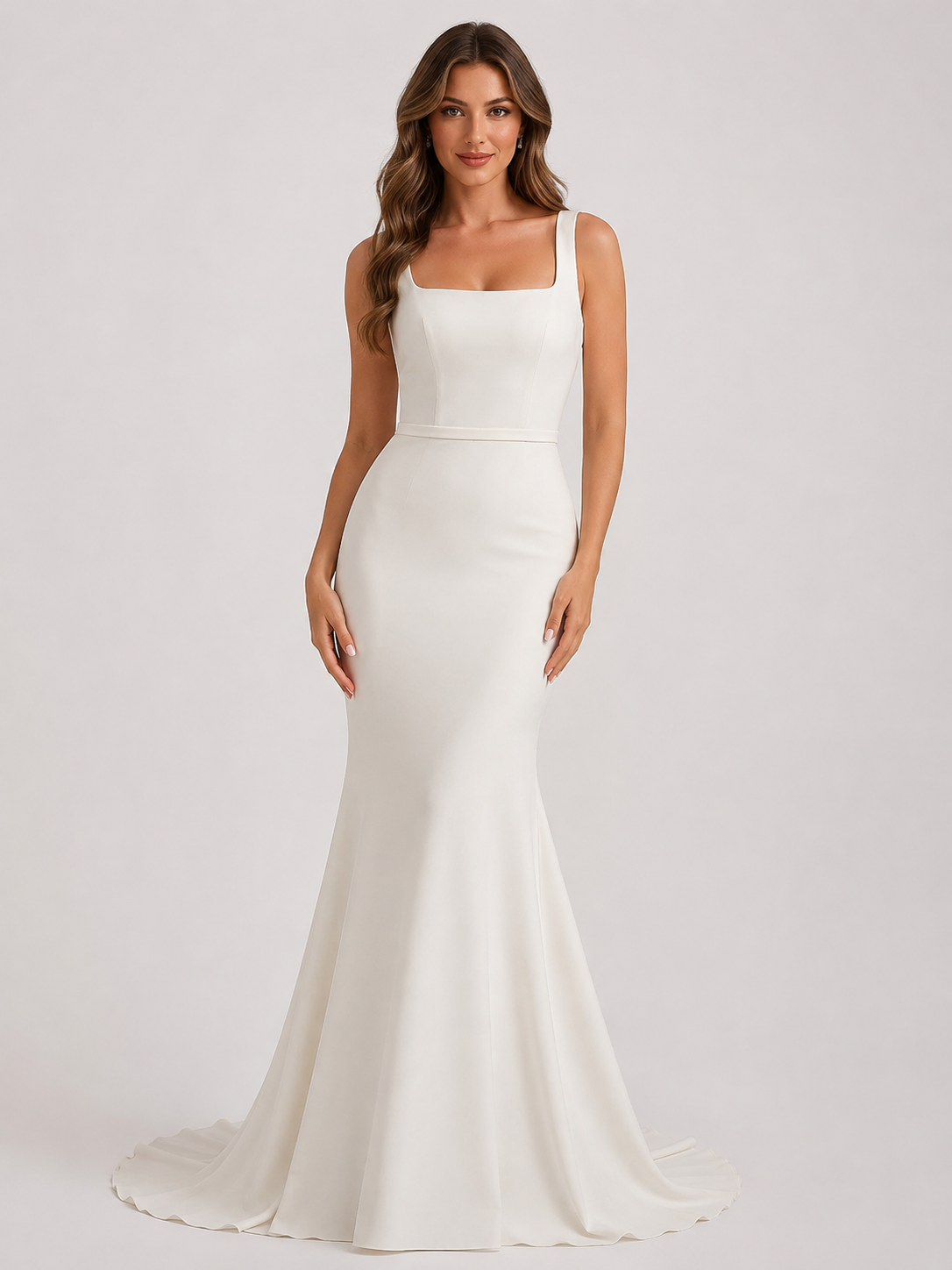 Elegant Square Neck Satin Sheath Wedding Dress with Lace-Up Back and Chapel Train