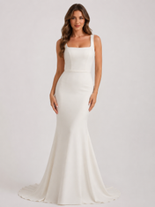 Elegant Square Neck Satin Sheath Wedding Dress with Lace-Up Back and Chapel Train