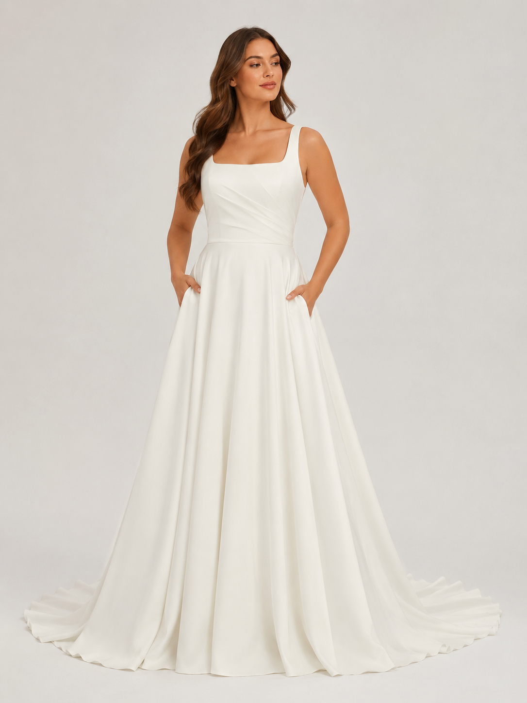 Elegant Square Neckline Pleated Satin A-Line Wedding Dress with Chapel Train