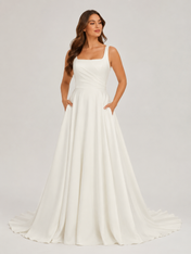 Elegant Square Neckline Pleated Satin A-Line Wedding Dress with Chapel Train